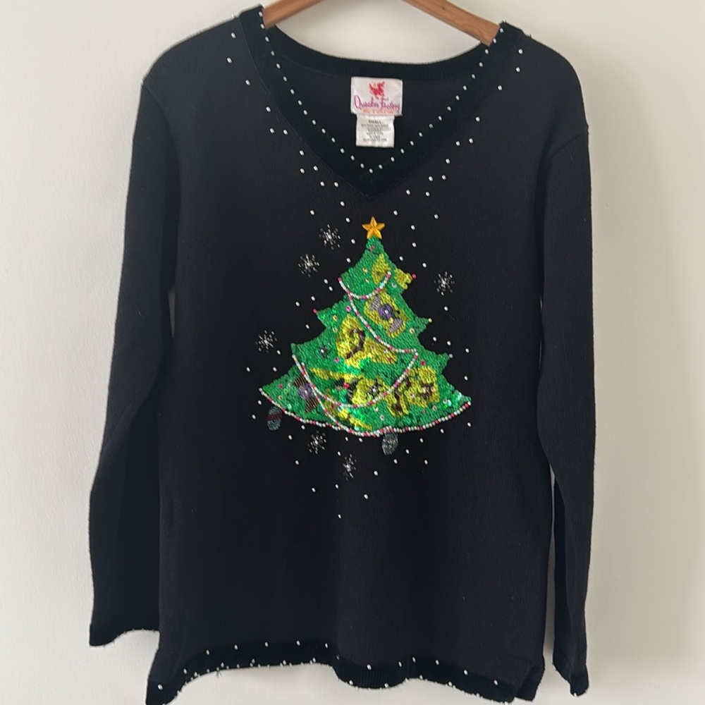 Quacker Factory Black Green Beaded Christmas Tree Sweater Embellished Size Small